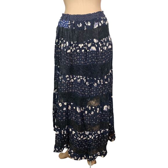 Vtg Floral Polka Dot Lace Tiered Patchwork Peasant Maxi Skirt One Size - Picture 5 of 6